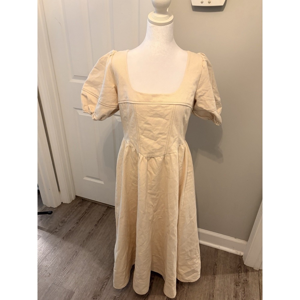 Moon River Cream Denim Corset Midi Dress Size L NWOT READ DESCRIPTION / ZIPPER